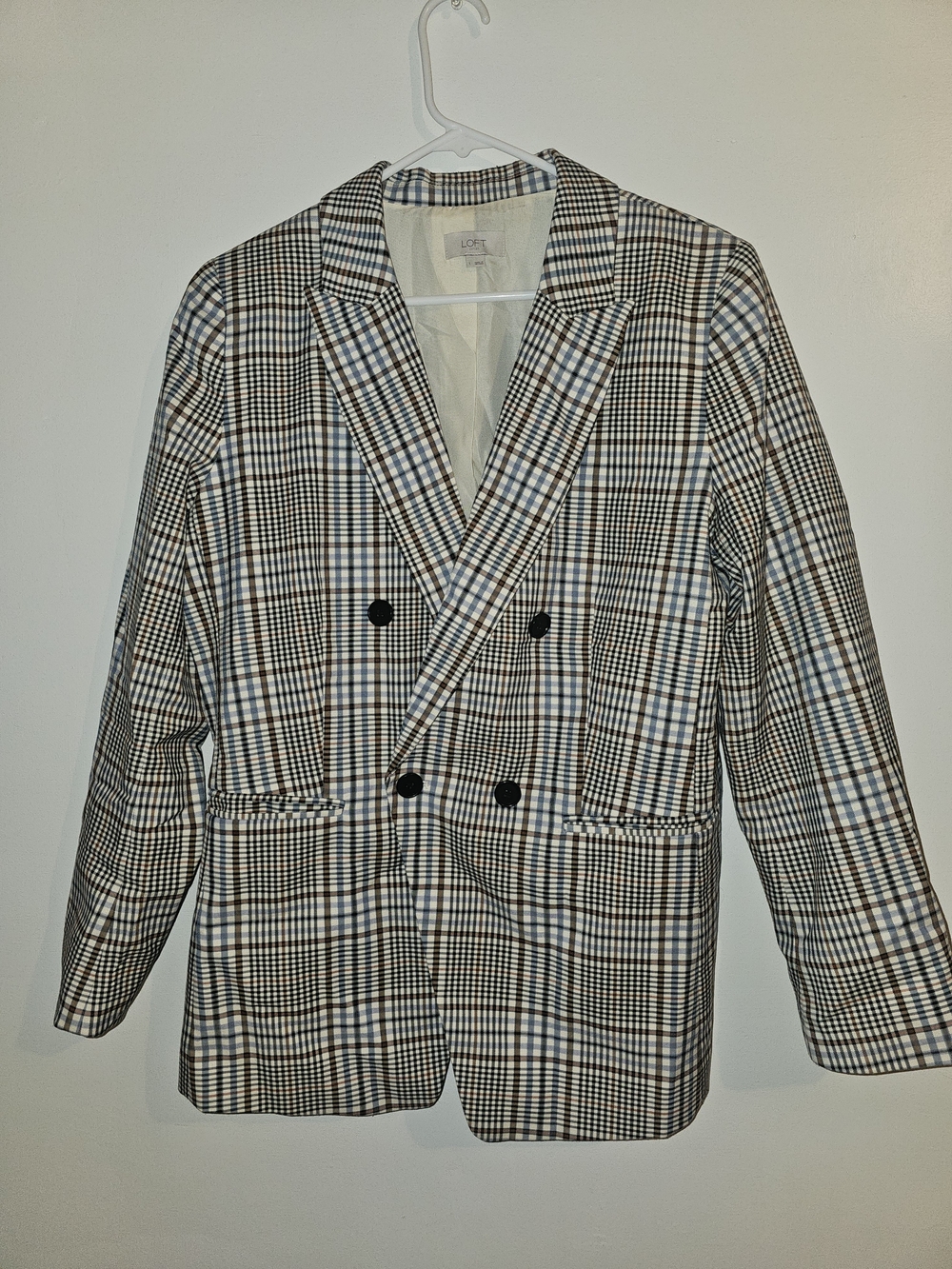LOFT Double-Breasted Plaid Blazer in Black & White